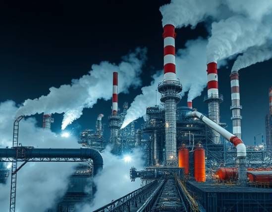 towering industries factory, awe-inspiring perspective, busily churning out products, photorealistic, surrounded by plumes of smoke and sprawling pipes, highly detailed, steam rising from vent stacks, intricate machinery components, industrial blue, stark contrast lighting, shot with a tilt-shift lens.