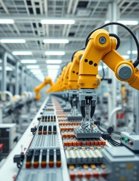 advanced industries production line, efficient execution, manufacturing with precision, photorealistic, in a sterile, brightly lit clean room environment, highly detailed, robotic arms assembling products, meticulous assembly objects, sterile white, even fluorescent lighting, shot with a macro lens.