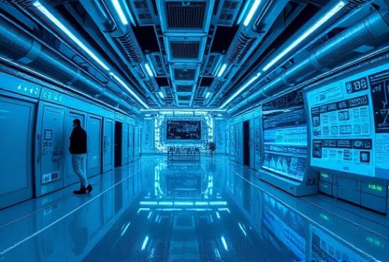 futuristic industries technology, innovative aura, seamlessly integrating AI, photorealistic, in a sleek, shiny facility with digital screens and holograms, highly detailed, glowing data panels, cybernetic elements, electric blue and silver, soft ambient lighting, shot with a fisheye lens.