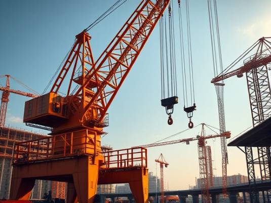 gigantic industries crane, dominant presence, hoisting heavy loads, photorealistic, at a construction site with beams and scaffolding, highly detailed, cables and hooks suspended, realistic weight dynamics, industrial orange, afternoon sunlight casting shadows, shot with a telephoto lens.