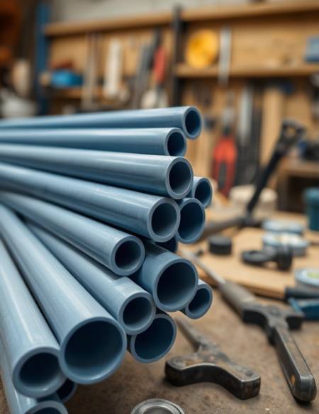 smooth PVC rods, precision and accuracy, being cut, photorealistic, workshop environment with tools scattered around, highly detailed, action in progress, depth of field, vibrant blues and grays, overhead lighting, shot with a macro lens.