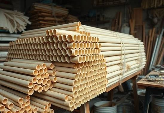 stacked PVC rods, meticulous arrangement, undergoing crafting, photorealistic, artisan's workspace cluttered with materials, highly detailed, motion blur from hands working, high resolution, earthy tones, soft natural light, shot with an 85mm lens.