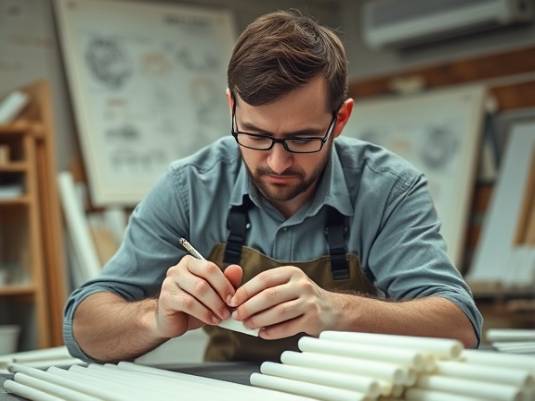 polished PVC rods, concentration, engaged in manual crafting, photorealistic, crafting studio filled with designs and plans, highly detailed, rods being shaped, razor-sharp clarity, muted grays and whites, ambient lighting, shot with a 24mm lens.
