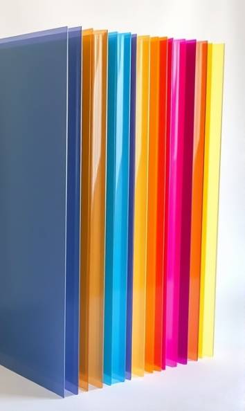 colorful PVC sheets, bright and varied hues, standing upright, photorealistic, against a white studio backdrop with natural light, highly detailed, showing color gradients, 16K resolution, saturated colors, natural diffused lighting, shot with a wide-angle lens.
