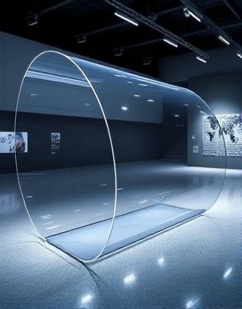 clear PVC sheets, glossy finish, bent into curves, photorealistic, displayed in a contemporary art gallery, highly detailed, reflecting surrounding lights, 12K resolution, transparent color, spotlight lighting, shot with a telephoto lens.