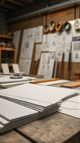 PVC sheets, variety of textures, being cut into shapes, photorealistic, in a craftsman workshop filled with design sketches, highly detailed, emphasizing the precision cuts, 8K resolution, natural colors, moody industrial lighting, shot with a macro lens.