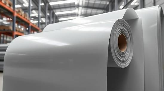 industrial PVC sheets, shiny surface, rolled up, photorealistic, placed in a warehouse with metal racks, highly detailed, focusing on material sheen, 10K resolution, gray tones, fluorescent lighting, shot with a 35mm lens.