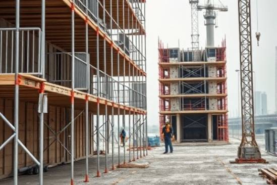 durable PVC material, sturdy, resilient, photorealistic, construction site with scaffolding and workers, highly detailed, UV protection and rain resistance elements, macro photography, neutral tones, natural daylight, shot with a 100mm macro lens.