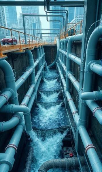 versatile PVC piping, interconnected, efficient, photorealistic, subterranean infrastructure with bustling city above, highly detailed, dynamic water flow simulation, 4K resolution, cool tones, overhead artificial lighting, shot with a 24-70mm zoom lens.