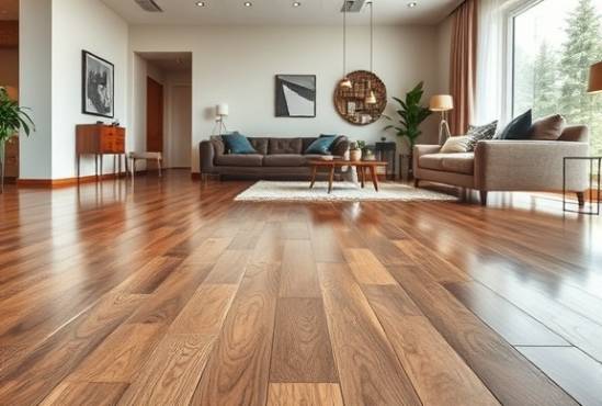 contemporary PVC flooring, polished, reflective, photorealistic, spacious modern living room with stylish furniture, highly detailed, intricate patterns and grains, focus stacking, earthy tones, diffused natural light, shot with a 35mm prime lens.