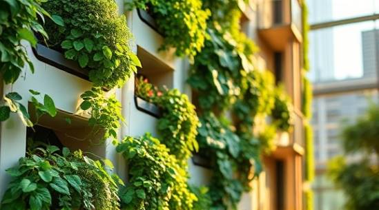 eco-friendly PVC material, sustainable, biodegradable, photorealistic, green architecture project with vertical gardens, highly detailed, recyclable markings and textures, eco-conscious imaging, soft pastels, morning sunlight, shot with a tilt-shift lens.