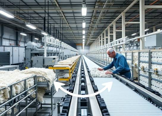 circular PVC lifecycle, determined, showcasing reusability, photorealistic, industrial facility with conveyor belts, highly detailed, engineers examining materials, crisp texture, neutral tones, fluorescent lighting, shot with a 50mm lens.