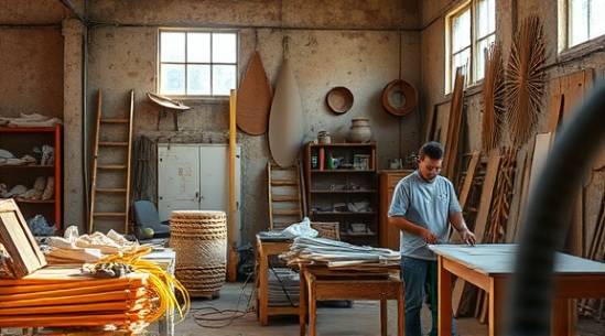 eco-conscious PVC renewal, hopeful, integrating sustainability, photorealistic, sunlit workshop with upcycled materials, highly detailed, artisans crafting, organic textures, earthy tones, natural lighting, shot with a 70mm lens.