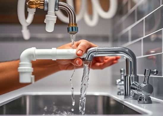 Reliable PVC plumbing, methodical testing, actively maintaining, photorealistic, in a modern kitchen space, highly detailed, water flowing from faucets, vibrant reflections, soft ambient lighting, shot with a 35mm lens.