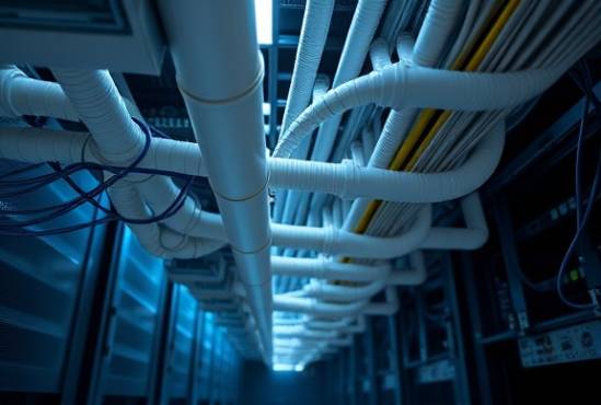 Robust PVC conduit, organized arrangement, being installed, photorealistic, within a high-tech server room, highly detailed, cables meticulously aligned, cool muted colors, LED lighting, shot with a 24mm lens.