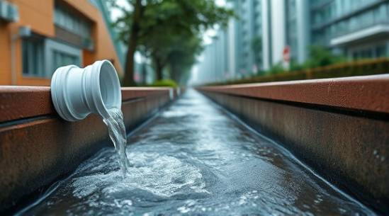 Efficient PVC drainage, seamless connection, water flowing, photorealistic, within a vibrant city landscape, highly detailed, rainwater coursing through, natural earth tones, overcast lighting, shot with a 70mm lens.