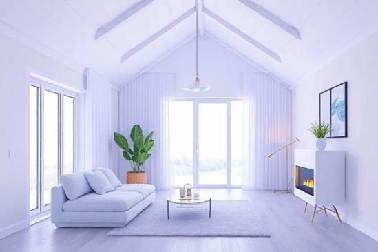 insulating PVC, calm, enhancing energy efficiency, photorealistic, modern smart home interior, highly detailed, thermal imagery effect, eco-friendly, white, soft ambient light, shot with a wide-angle lens