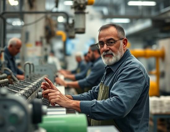 efficient PVC manufacturing, focused expression, operating a machine, photorealistic, bustling factory setting with workers, highly detailed, steam rising, 35mm lens, industrial colors, warm lighting, shot with a Nikon Z6