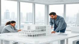 futuristic PVC architecture, ambitious expression, inspecting a building model, photorealistic, architect's office with city view, highly detailed, papers scattered, 28mm lens, clean whites and grays, cool lighting, shot with a Leica M10