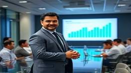 versatile PVC solutions, confident expression, presenting in a meeting, photorealistic, corporate boardroom with large screen, highly detailed, digital graphs animated, 50mm lens, bright corporate colors, focused overhead lighting, shot with a Canon EOS R5