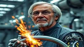 cutting-edge PVC manufacturing, determined expression, assembling parts, photorealistic, high-tech plant with robotic arms, highly detailed, sparks flickering, 40mm lens, sleek metallic colors, bright industrial lighting, shot with a Panasonic Lumix S1