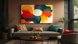 artistic PVC design, inspired expression, decorating a space, photorealistic, chic interior with abstract art, highly detailed, incense smoke wafting, 35mm lens, vibrant colors, ambient lighting, shot with a Canon EOS 6D