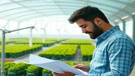 eco-friendly PVC architecture, pensive expression, studying blueprints, photorealistic, environmental research center with green roof, highly detailed, wind turbines in the distance, 50mm lens, natural greens and blues, diffused lighting, shot with a Nikon D850