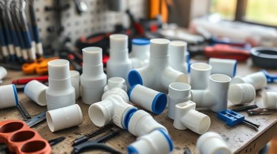 textured PVC fittings, confident, assembling, photorealistic, scattered across a workbench littered with tools, highly detailed, dynamic shadows, intricate depth of field, white and blue, diffused natural light, shot with a macro lens.