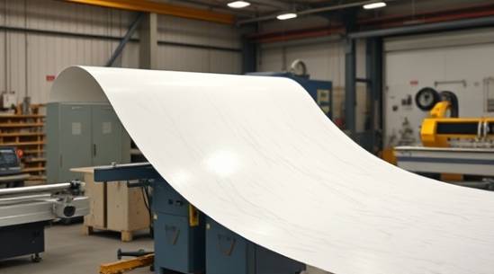 versatile PVC sheets, adaptable, unrolling, photorealistic, in an industrial workshop surrounded by various cutting equipment, highly detailed, particles catching light, ultra definition, white and subtle marbling, ambient indirect lighting, shot with a standard zoom lens.