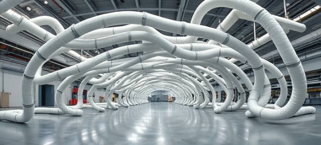 flexible PVC pipes, animated, arching, photorealistic, forming a complex maze in an open factory floor, highly detailed, fluid-like movements, high-resolution texture, light gray, industrial fluorescent lighting, shot with a fisheye lens.