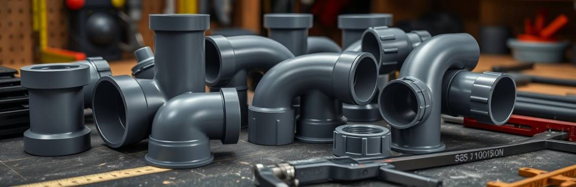 robust PVC fittings, determined, interlocking, photorealistic, on a crafting station with measuring tapes and calipers, highly detailed, fine dust visible, micro details, dark gray, focused task lighting, shot with a close-up lens.