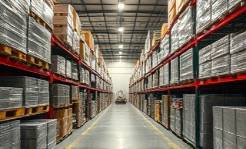 protective PVC sheets, reliable, shielding, photorealistic, in a warehouse with aisles of packaged goods, highly detailed, glistening edges, high fidelity, translucent with hints of color, overhead spotlights, shot with a long-focus lens.