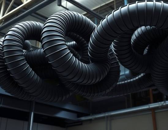 insulated PVC pipes, efficient, circulating, photorealistic, part of an HVAC system in a commercial building, highly detailed, intricate twists, 6K resolution, matte black, sharp technical lighting, shot with a telephoto lens.